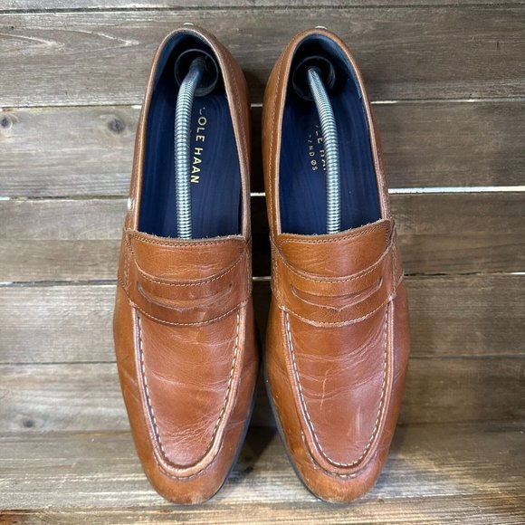 Mens Cole‎ Haan Grand.Os Brown Leather Almond Toe Penny Loafers Size 11.5 M GUC